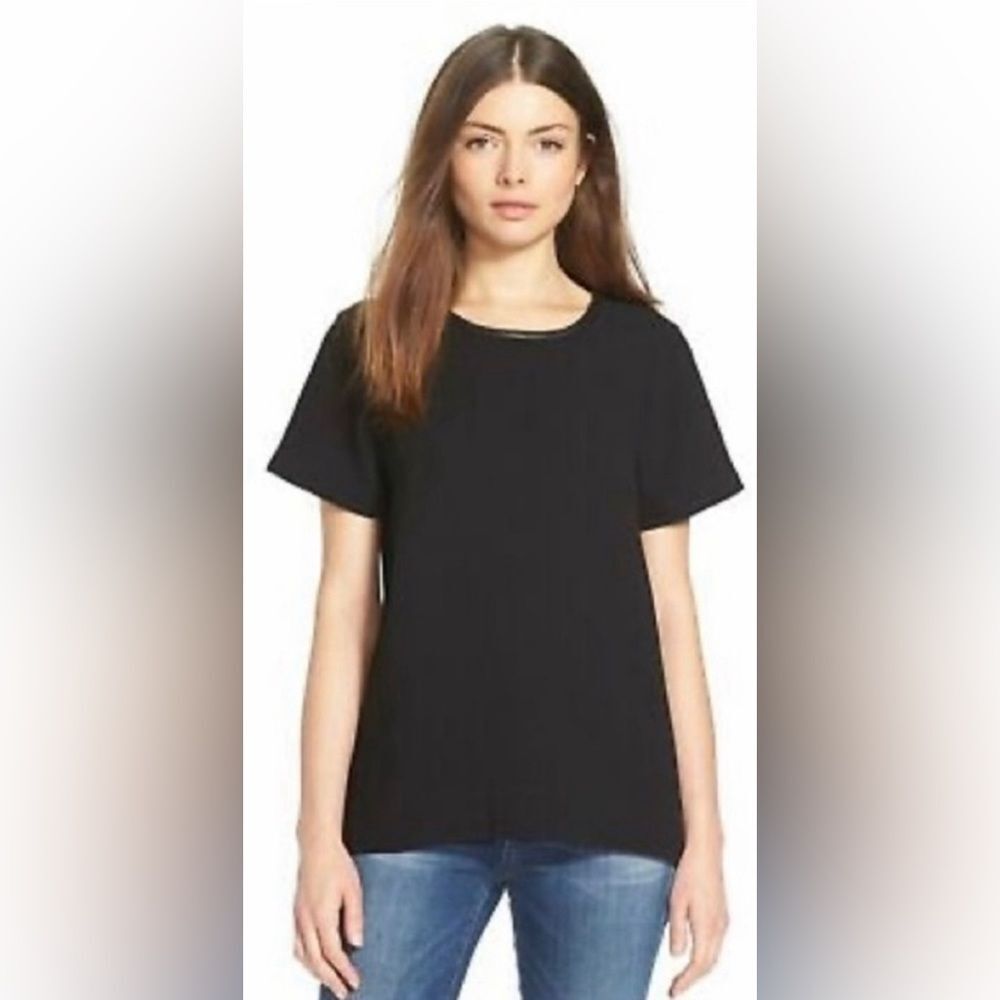 Madewell Black Short Sleeve Hi-Lo Top With faux leather neck hem Size XS EUC